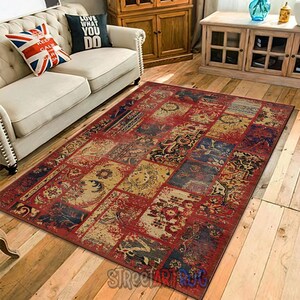 Tapis en patchwork, tapis à motif rustique, tapis de salon, tapis de cuisine, décoration ethnique de style rétro