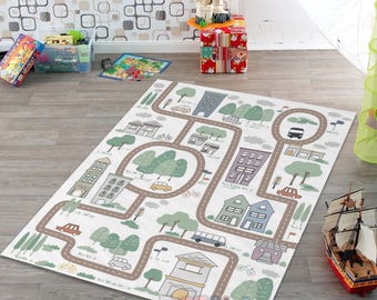 City Road Map Kids Room Rug, White Town Play Nursery Mat