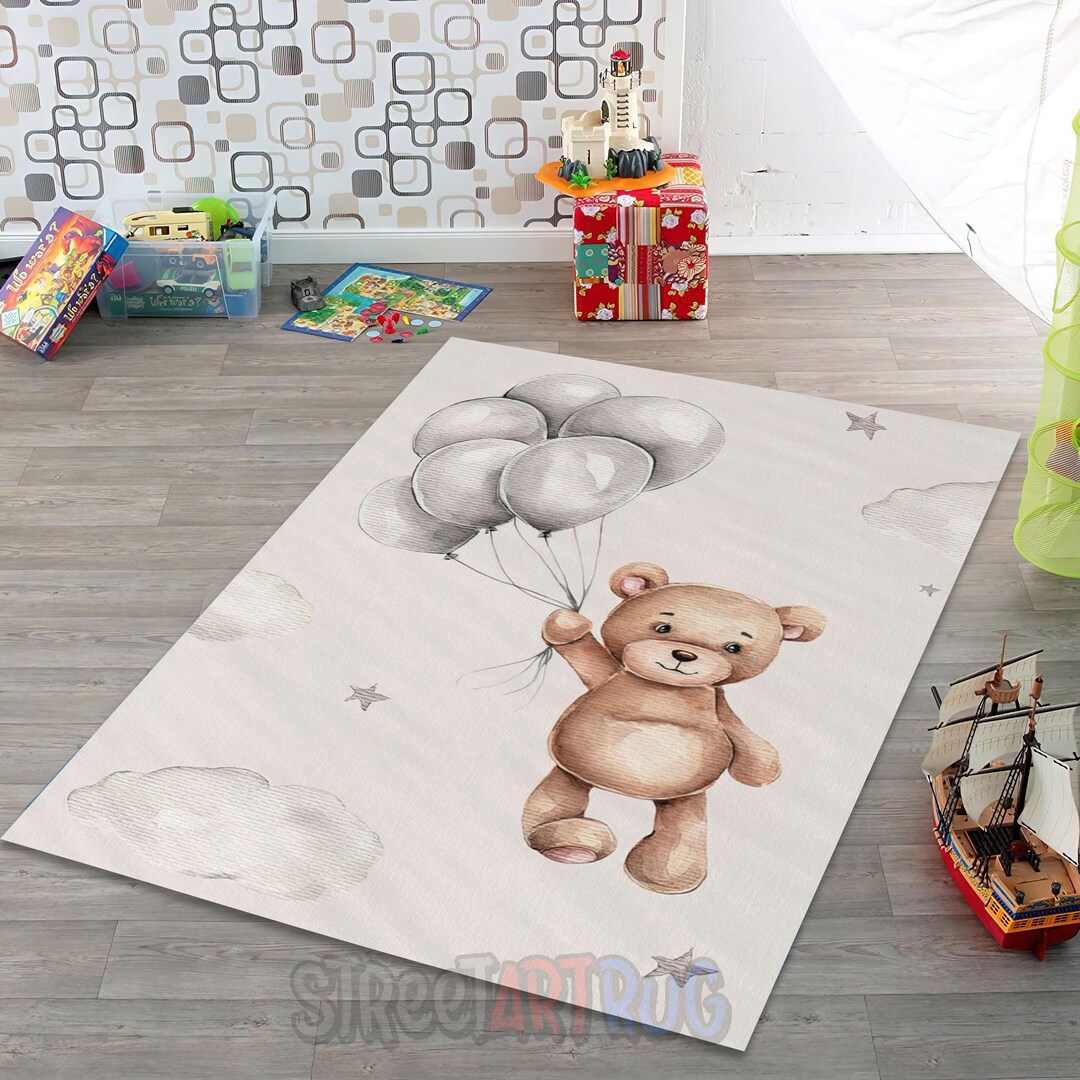 Teddy Bear Balloon Nursery Rug - Beige Brown Animal Kids Playroom Mat ...