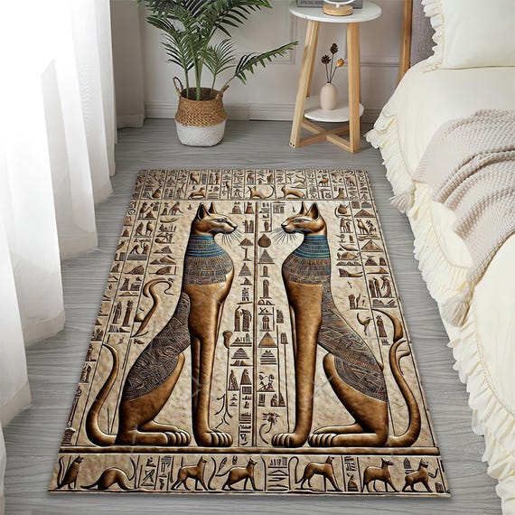 Egyptian Cat Bastet Pattern Rug - Hieroglyphic Carpet - Etsy