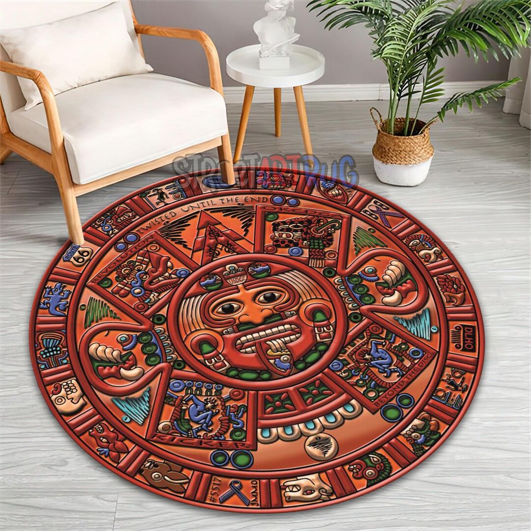 Mayan Calendar Rug, Tribal Motif Carpet, Colorful Mayan Compass Mat ...