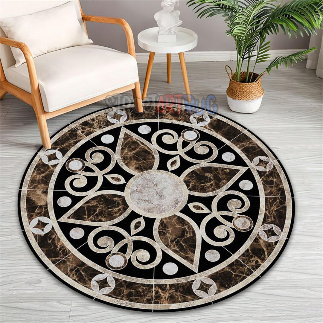 Round Baroque Rug Baroque Medallion Motif Rug, Compass Rose Round Carpet, Entryway Mat ...