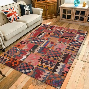 Red Geometric Kilim Rug - Colorful Tribal Living Room Carpet