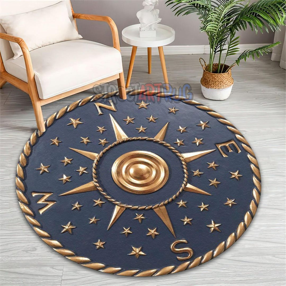 Nautical Star Compass Rug, Navy Blue Round Carpet - Etsy