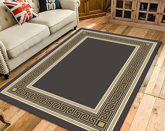 Greek Key Dark Grey Rug - Gold Border Living Room Carpet