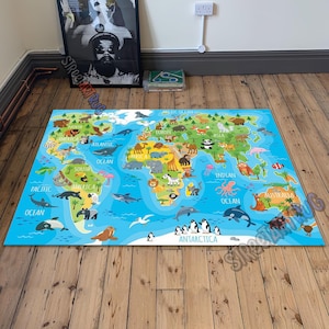 Tapis imprimé carte du monde animal, tapis pour chambre d'enfant, tapis de jeu pour tout-petit, décoration éducative