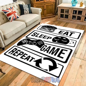 White and Black Game Room Rug, Gamer Carpet, Gaming Mat, Eat, Sleep, Game rug, Repeat, Gamer Gift