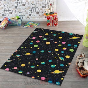 Colorful Planet Nursery Rug: Galaxy Space Decor, Children&#39;s Room Mat