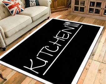 Black Kitchen Text Rug: Modern Non-Slip Cooking Mat