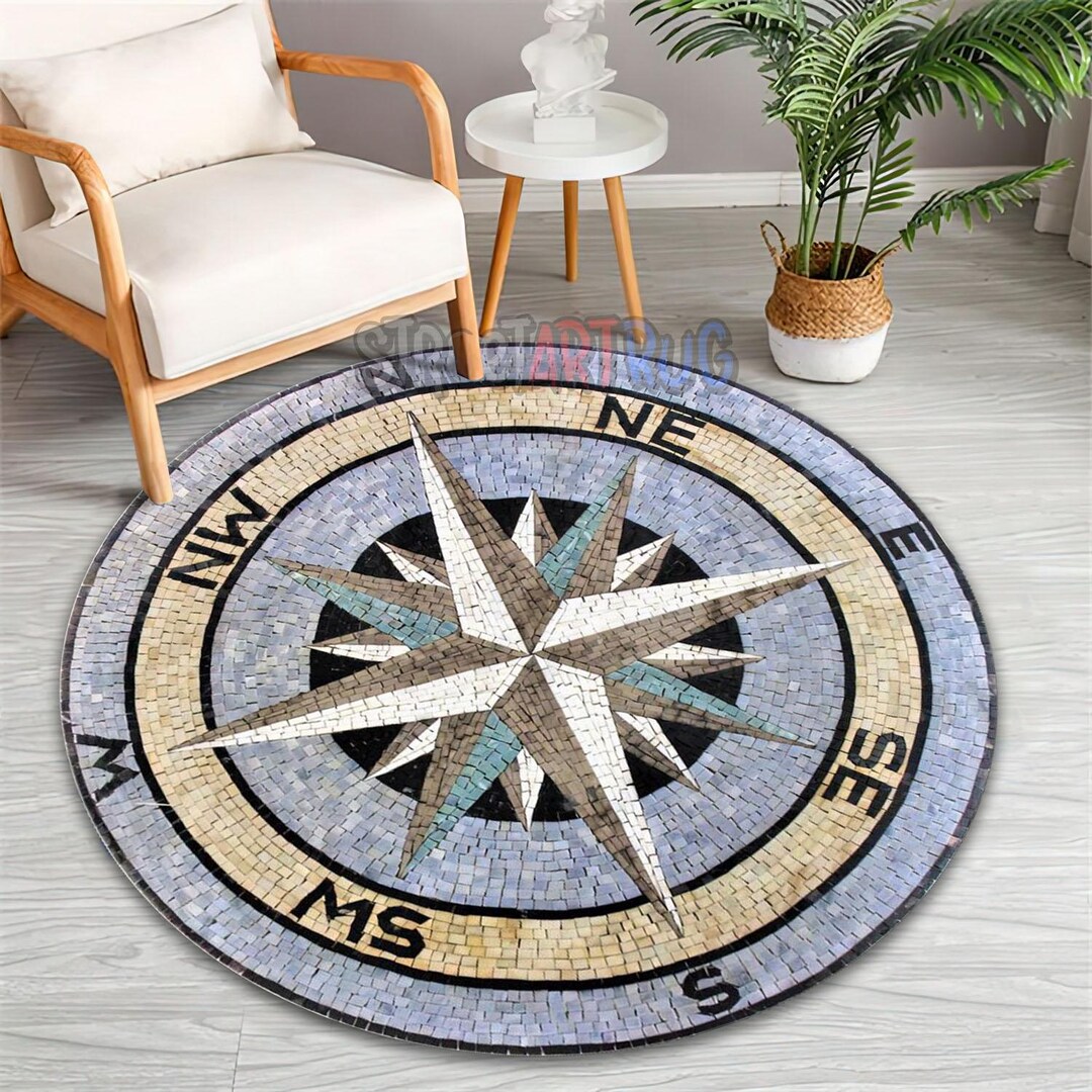 Stone Look Compass Rug, Office Round Mat, Ancient Flagstone Pattern ...