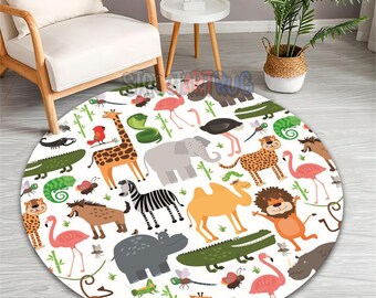 Round Jungle Safari Kids Room Rug, White Wildlife Nursery Animal Mat