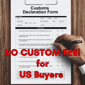 A clipboard with a customs declaration form, and a hand is filling out the form with a pen.
