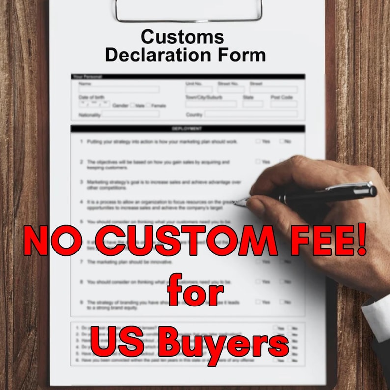 A clipboard with a customs declaration form, and a hand is filling out the form with a pen.
