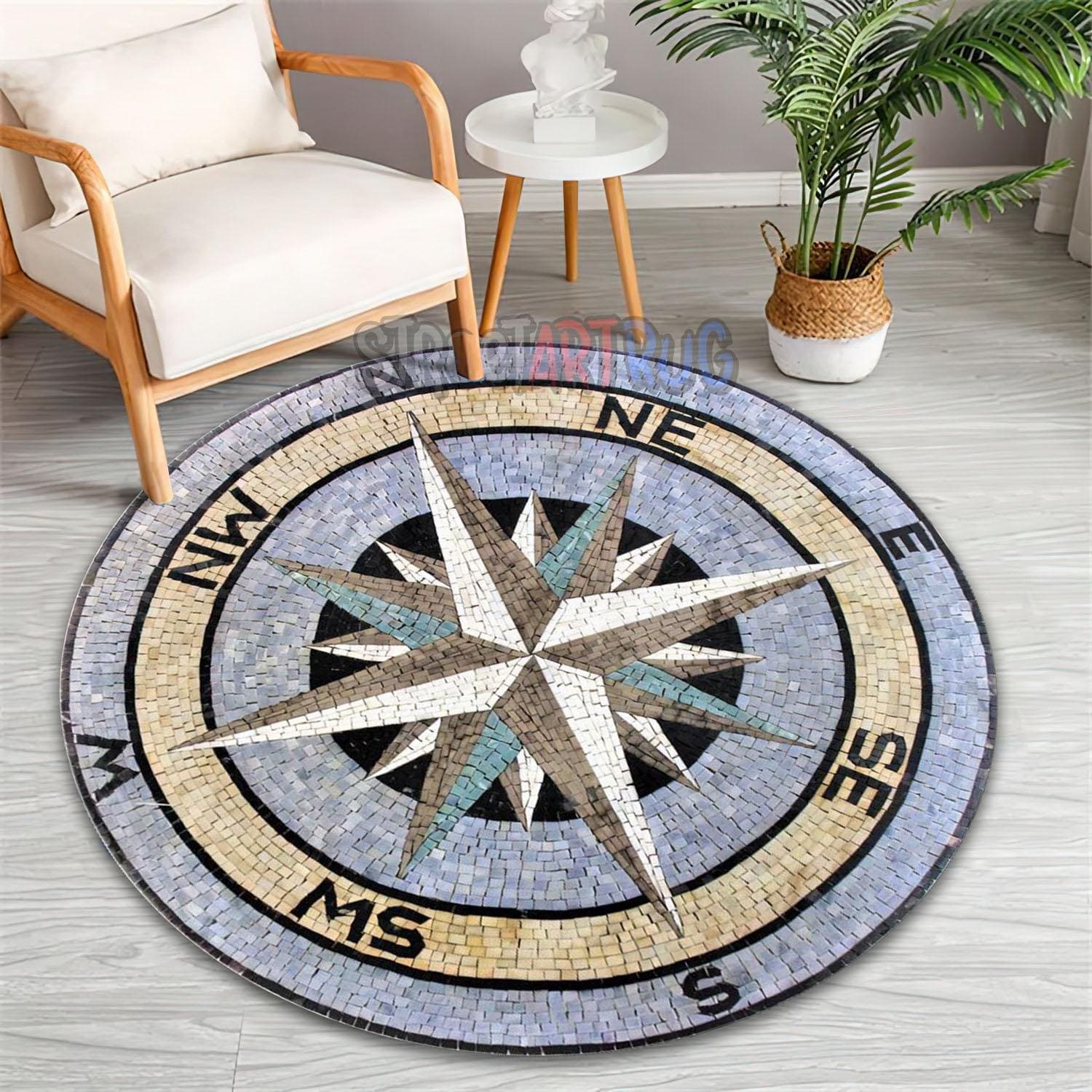 Small Retangle Compass Rug Mosaic Compass Rug, Coastal Tile Print Round Carpet - Etsy