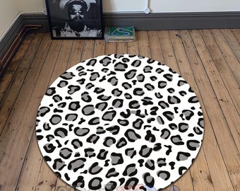 Snow Leopard White Round Rug - Gray Spotted Floor Carpet