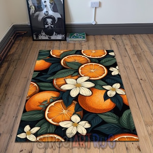 Fruit Kitchen Rug, Orange and Flower Carpet, Dining Room Decor, Modern Kitchen Mat