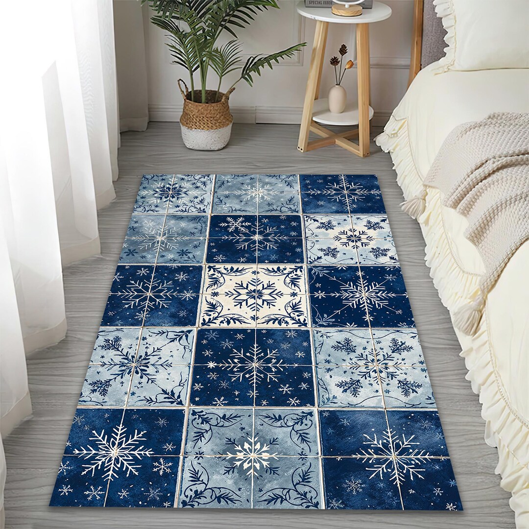 Round Blue Snowflake Rug Navy Blue Snowflake Patchwork Rug - Winter Bedroom Carpet - Etsy