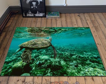 Teal Sea Turtle Rug - Underwater Tropical Room Carpet