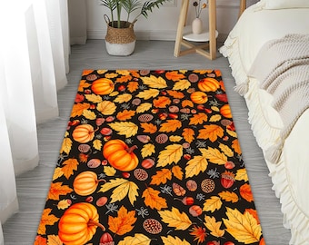 Vibrant Pumpkin and Leaves Rug Whimsical Autumn Carpet for Festive Seasonal Home Styling