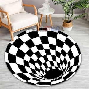3D Vortex Rug: Black and White Checkered Illusion Round Mat