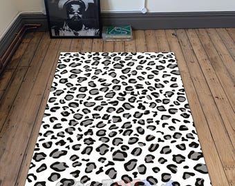 White Snow Leopard Rug - Gray Black Animal Print Living Room Carpet