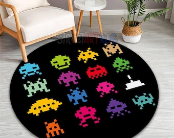 90s Arcade Game Round Rug: Retro Video Gamer Carpet