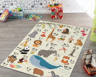 Alphabet Animal Kids Rug, Educational ABC Nursery Learning Play Mat