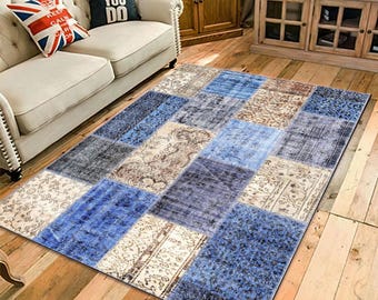 Blue Patchwork Rug: Retro Modern Carpet, Living Room Decor