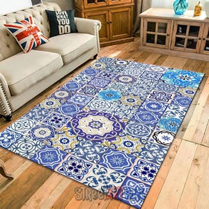 Tapete de azulejos marroquinos azuis - Tapete patchwork para sala de estar