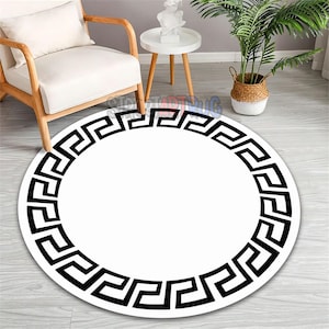 White Greek Key Round Rug, Kitchen Mat, Luxury Bedroom Carpet, Greek Key Symbol Decor