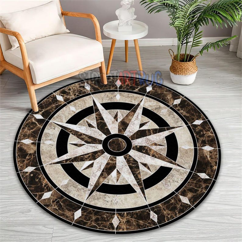 Marble Compass Rug, Luxury Stone Medallion Round Carpet - Etsy