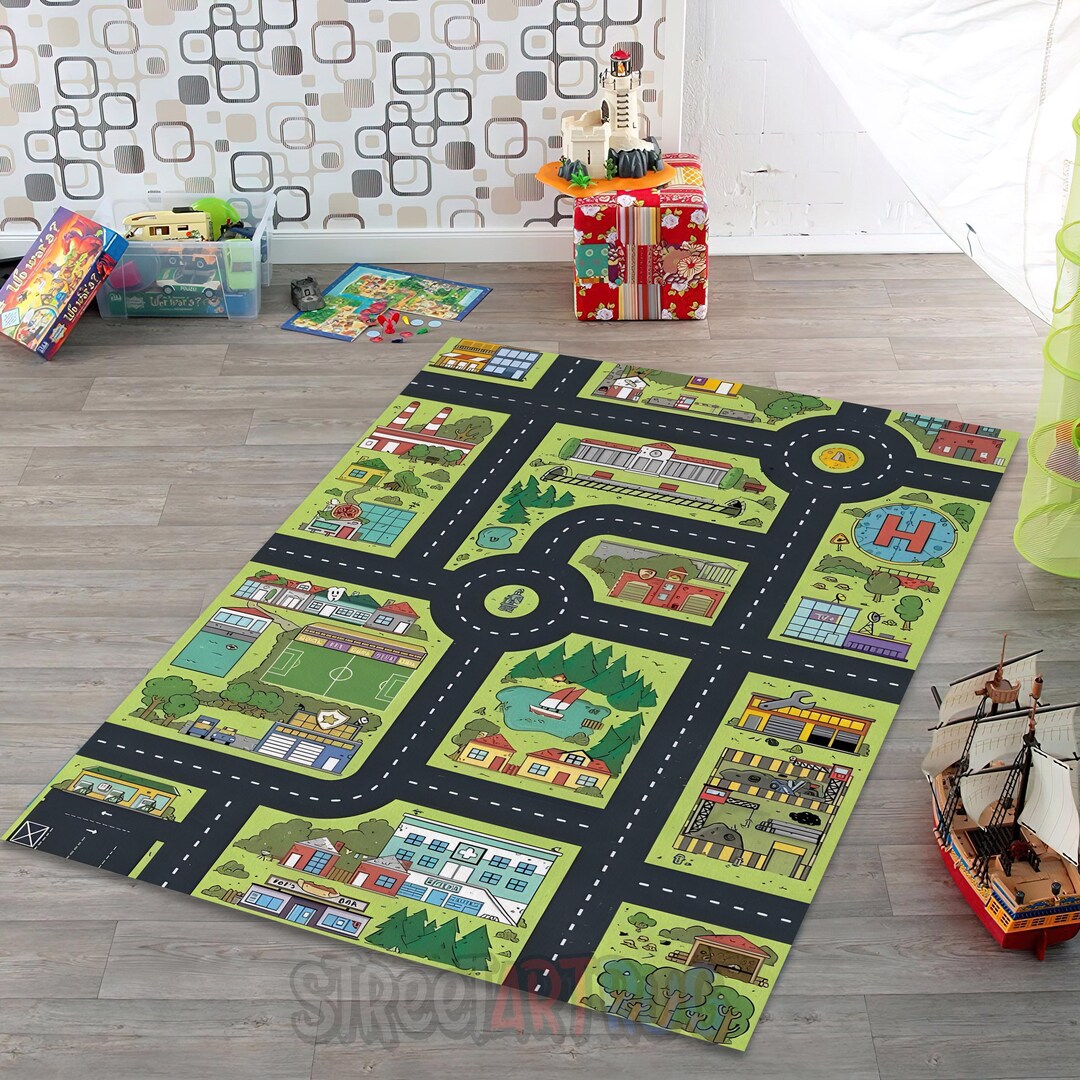 City Child Map Rug Colorful City Road Map Rug, Toddler Mat, Play Room Carpet, Nursery ...