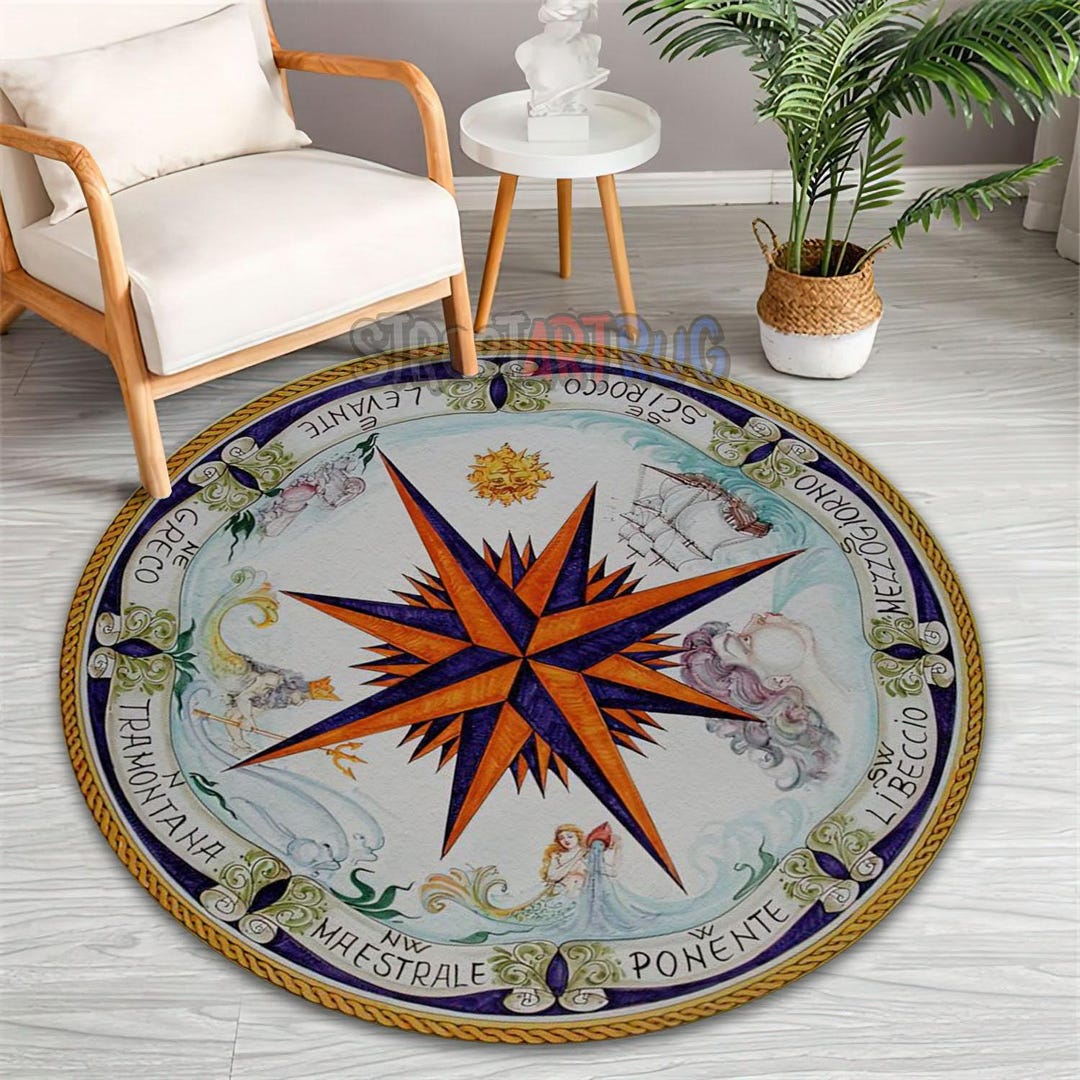 Nautical Compass Rose Rug, Maritime Round Yacht Carpet - Etsy