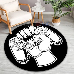 Game Controller Printed Rug, Gamer Decor, Black Gaming Chair Mat, Game Room Carpet, Game Round Mat
