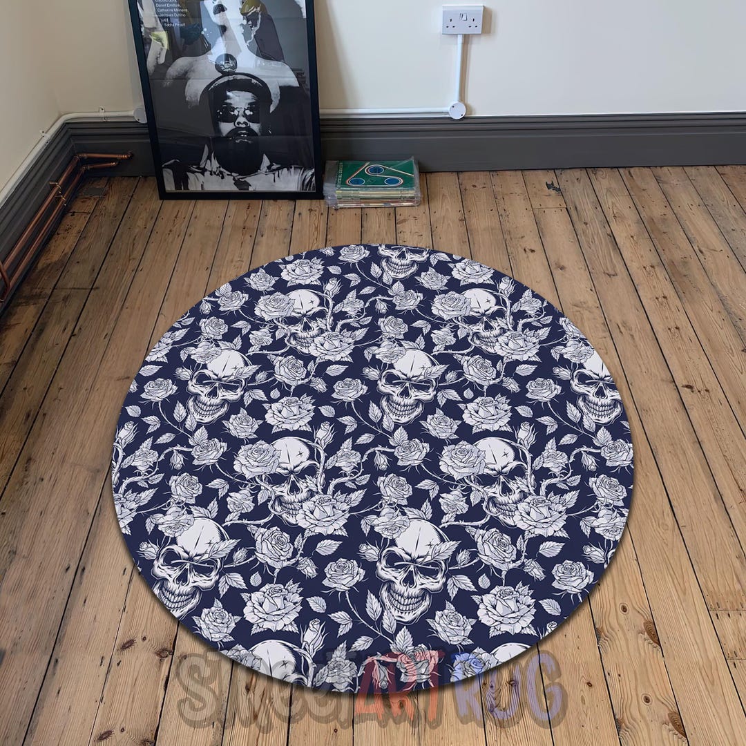 Round Gothic Rug Floral Skull Rug, Gothic Navy Rose Pattern Round Carpet - Etsy