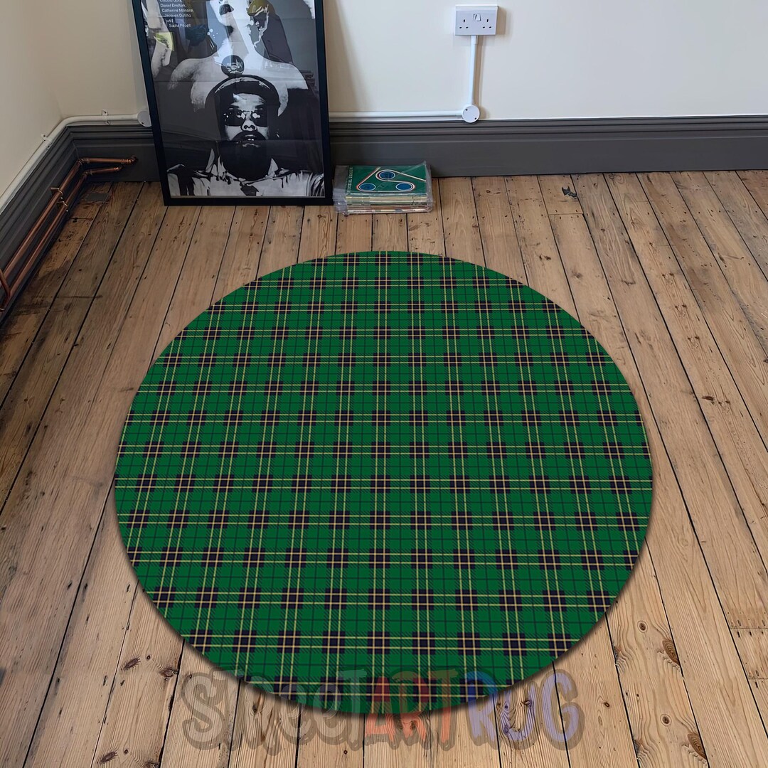 Checkered Round Rug, Green Color Plaid Motif Carpet, Bedroom Mat ...