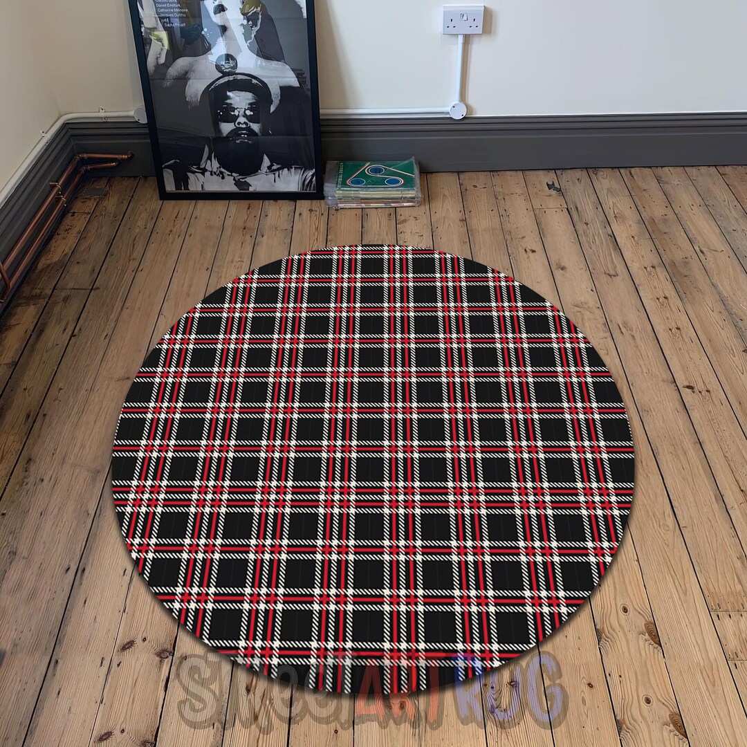 Checkered Round Rug, Rustic Style Carpet, Plaid Printed Mat, Modern ...