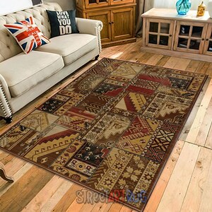 Brown Red Oriental Patchwork Rug - Geometric Kilim Living Room Carpet
