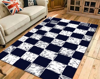 Navy Blue Checkerboard Rug - Scribble Pattern Carpet