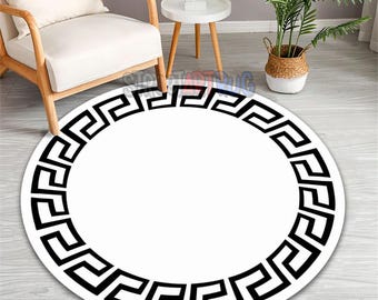 White Greek Key Round Rug - Black Meander Border Carpet