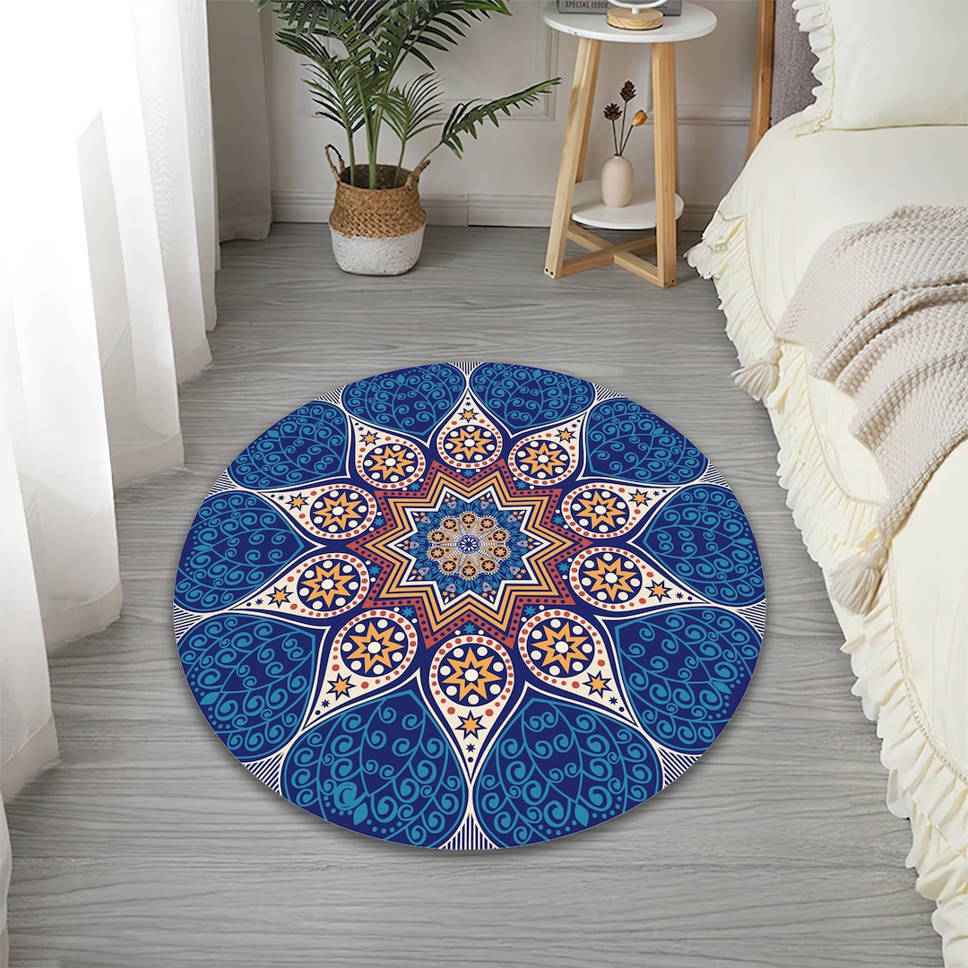 Mandala Rug Design Blue Mandala Rug Round Carpet With Star Design Boho Pattern for Modern ...