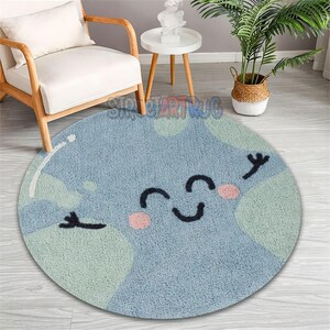 Alfombra redonda para habitación infantil con diseño de la Tierra y alfombra azul para guardería.