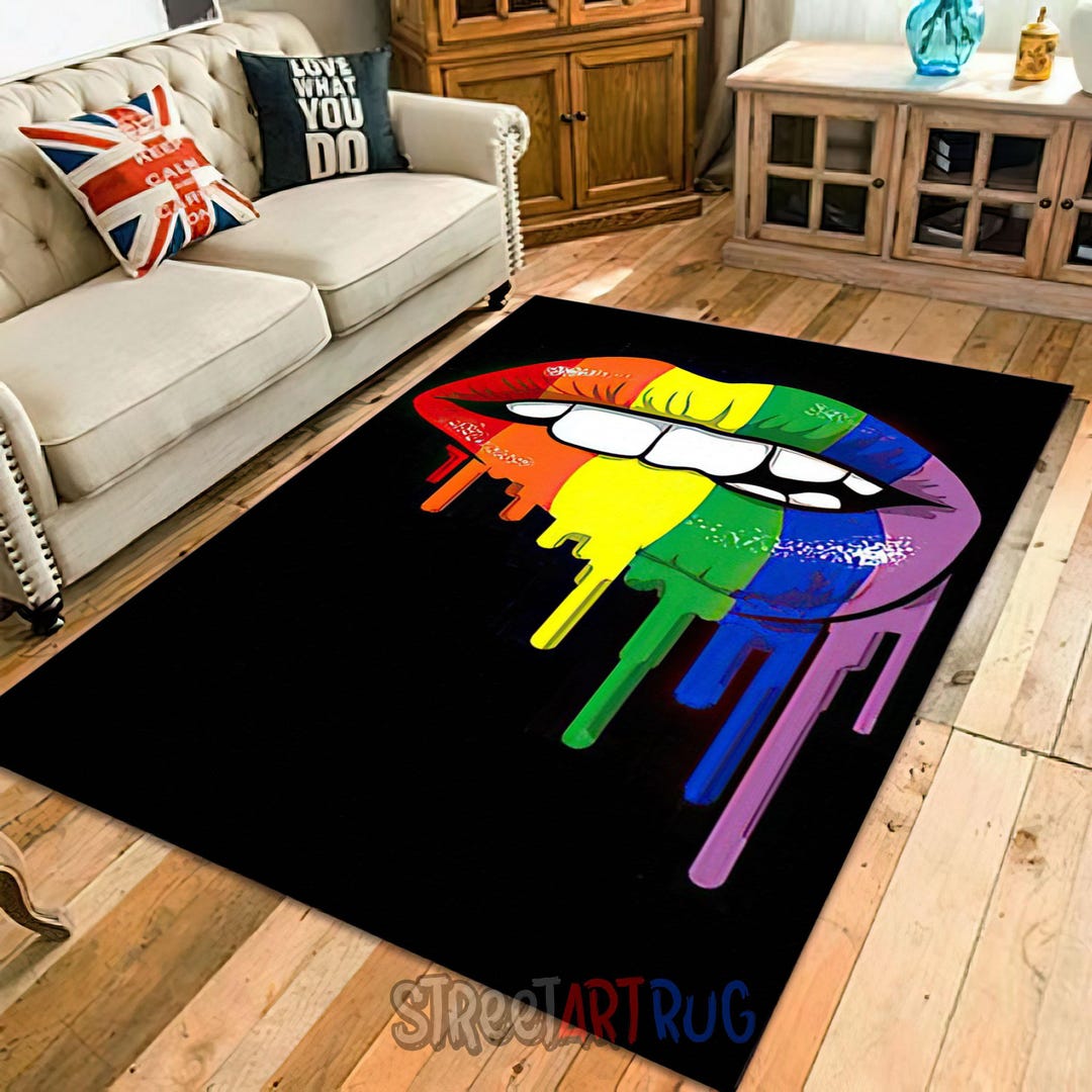 Dripping Rug Rainbow Dripping Lips Rug - Pride Flag Black Teenage Room Carpet - Etsy