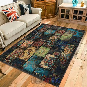 Retro Patchwork Teppich : Rustikaler Wohnzimmer Teppich im Azteken Stil