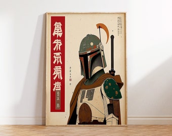 Star Wars Inspired Print- Boba Fett, Mandalorian, Japanese Inspired Poster, Handprinted, Giclee, Art Print, Star Wars Gift, Minimalist.