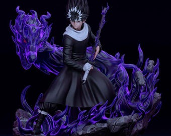 May include: A detailed figurine of a character in a black outfit with white accents, wielding a staff. The figure is surrounded by a purple, flame-like energy and a dragon. The base has Japanese text.