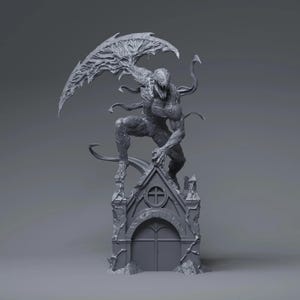 May include: A gray, detailed sculpture of a monstrous figure with a large, wing-like structure extending from its back. The figure is posed atop a gothic-style structure, with intricate details and a menacing expression.