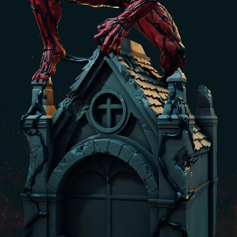 May include: A detailed sculpture of a red and black creature perched atop a gray stone structure resembling a small church or mausoleum. The creature's muscular form and the building's architectural details are highly defined, creating a dramatic and imposing scene.