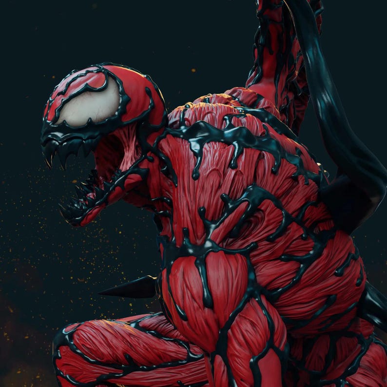 May include: A detailed 3D rendering of a red and black character with exposed muscle tissue. The character has a menacing expression with sharp teeth and a white eye. Black, viscous material drips down the body, adding to the dynamic and intense visual.