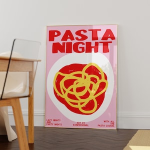 PASTA NIGHT Print, Retro Food Art, Mid Century Modern Print, Modern Kitchen Wall Art, Spaghetti Poster, Trendy Wall Art, Digital Printable